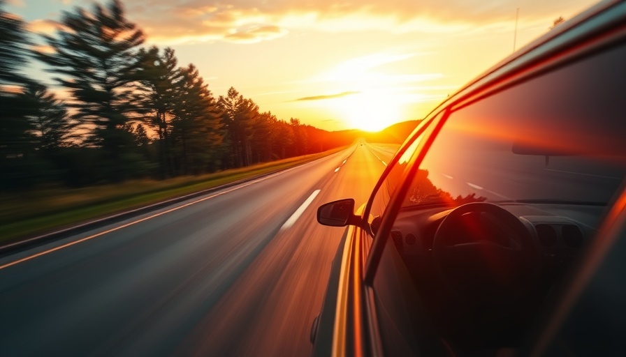 Car on highway during vibrant sunset, illustrating traffic safety and reduced fatalities.