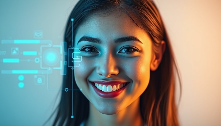 Digital facial recognition overlay on a young woman in a tech setting.