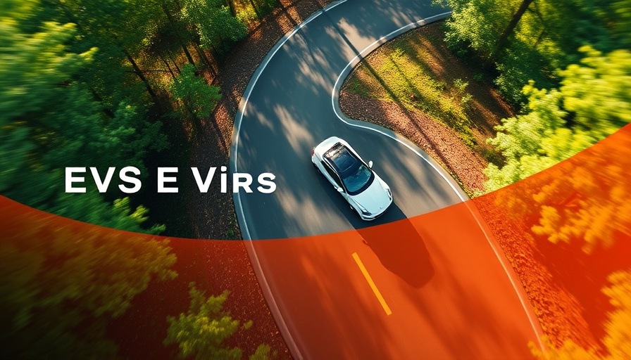 EVs, Tariffs & Pricing theme with car on forest road, text overlay.