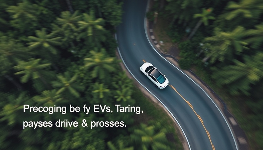 Aerial shot of an electric car on a forest road, digital overlay text.