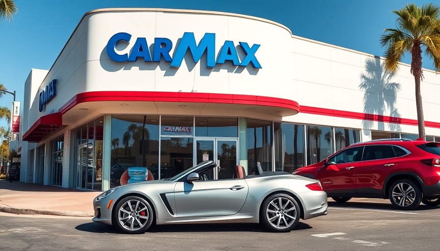 CarMax dealership entrance with parked cars.