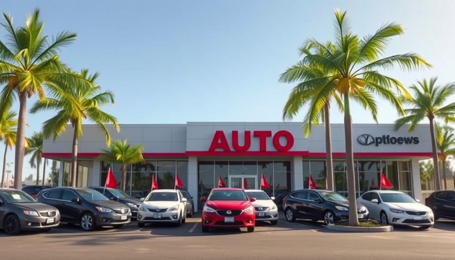 Tricolor auto building with cars and palm trees on a sunny day.