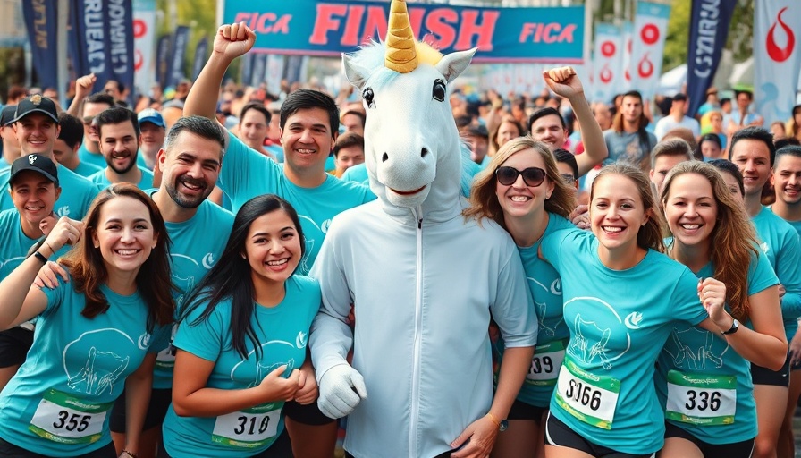 AutoNation cancer fundraising 5K event with group and unicorn mascot.