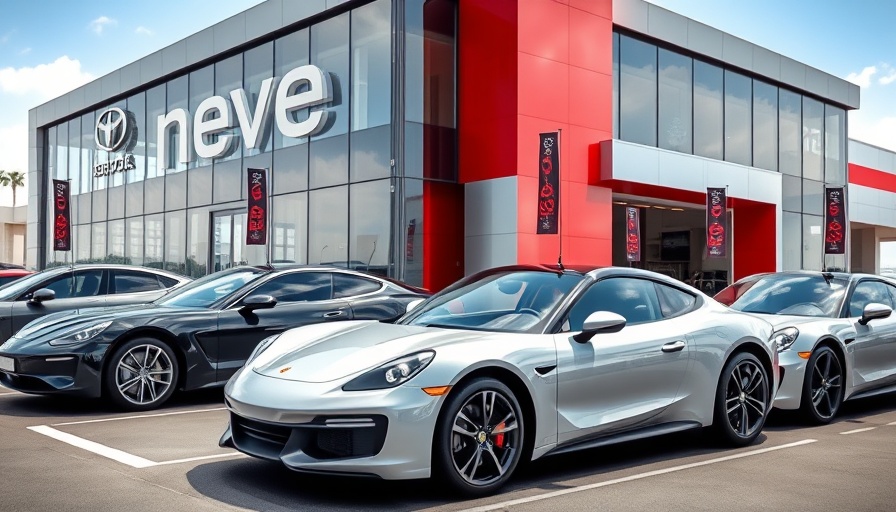 Modern auto dealership exterior with cars, flags, sunny weather.