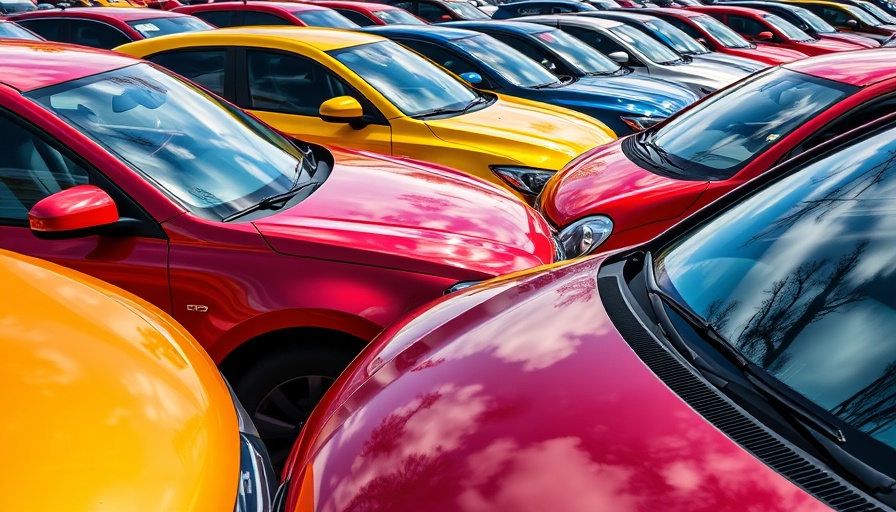 Colorful line of cars in an automotive lot reflecting the sky, depicting warehouse line financing for automotive.