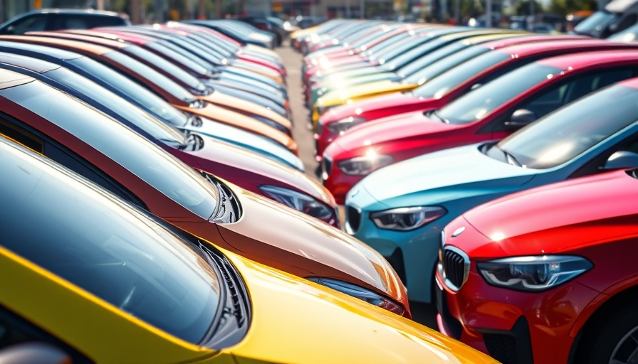 Close-up of colorful parked cars reflecting sunlight, automotive finance services.