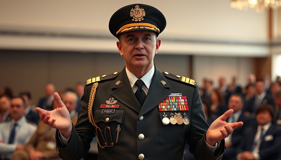 Distinguished military officer providing leadership insights in a conference setting.