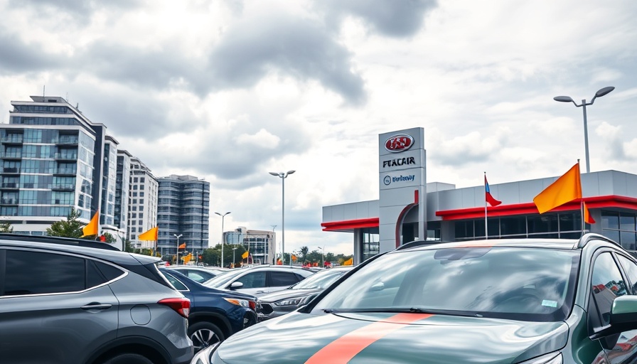 Car dealership highlighting auto fraud investigations, urban backdrop.
