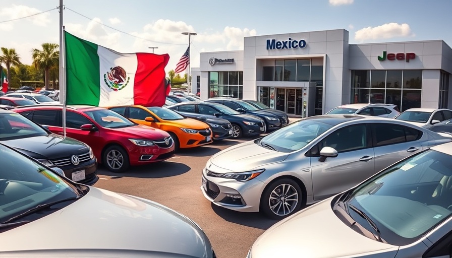 Tricolor car dealership lot with cars under blue sky.