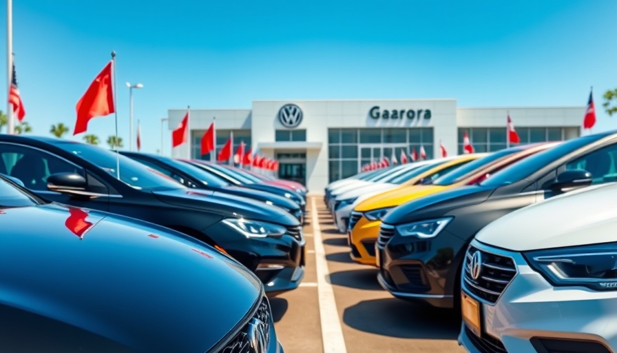 Tricolor car dealership lot under a sunny sky