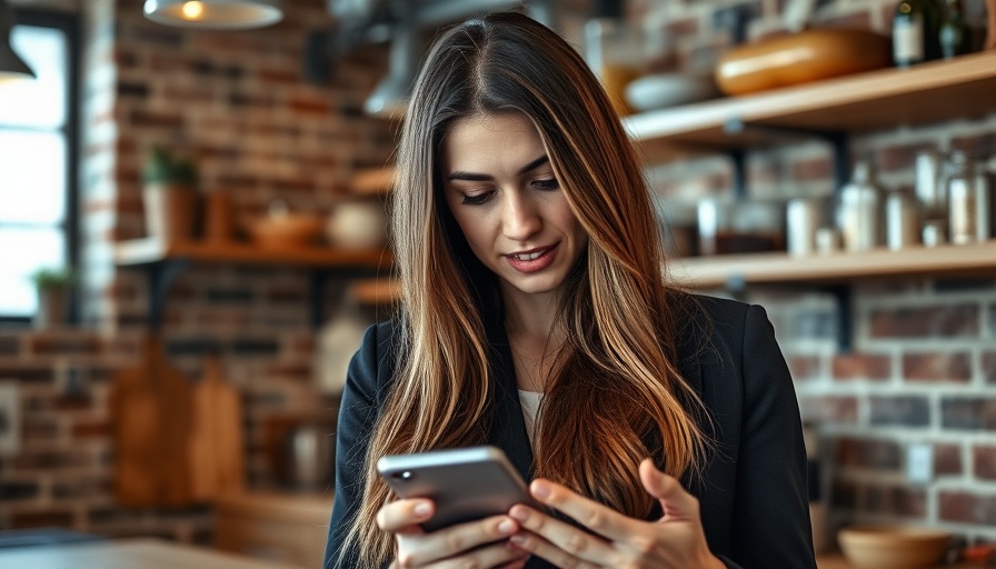 Young woman in kitchen using phone for homeowners insurance.