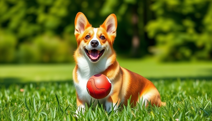 Corgi playing with toy ball in grassy field; Cleaning Dog Toys concept.