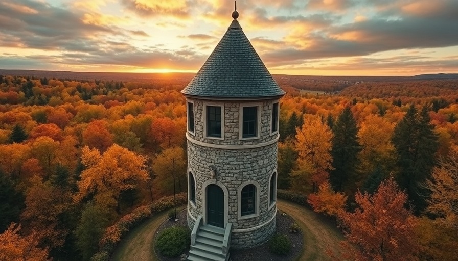 Unique Airbnb with stone tower in vibrant autumn forest setting.
