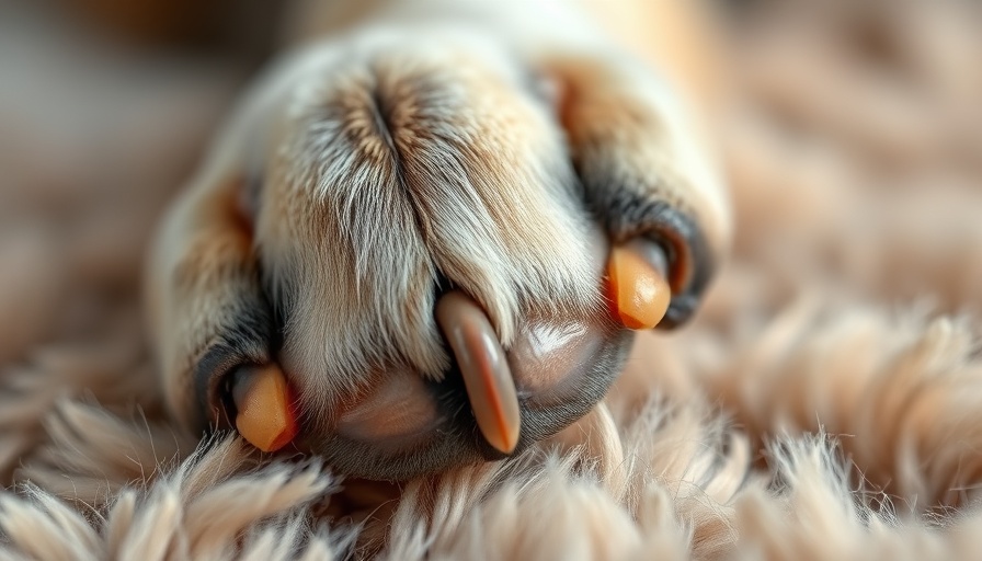 Dog's paw with a split nail on soft fur background.