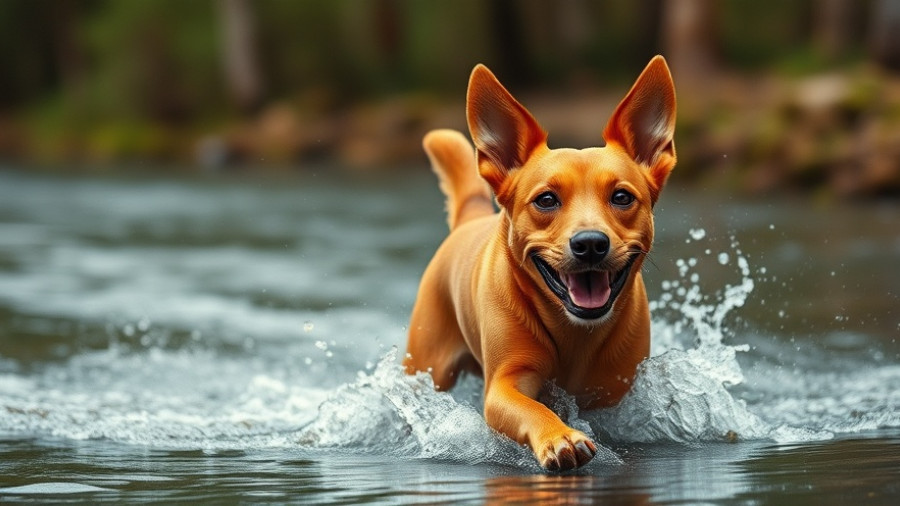 Joyful dog running through water in a forest, related to leptospirosis in dogs.