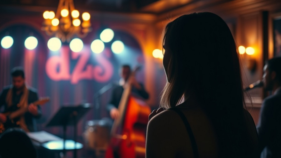 Silhouette of woman enjoying live jazz music in NYC club, warm lighting.