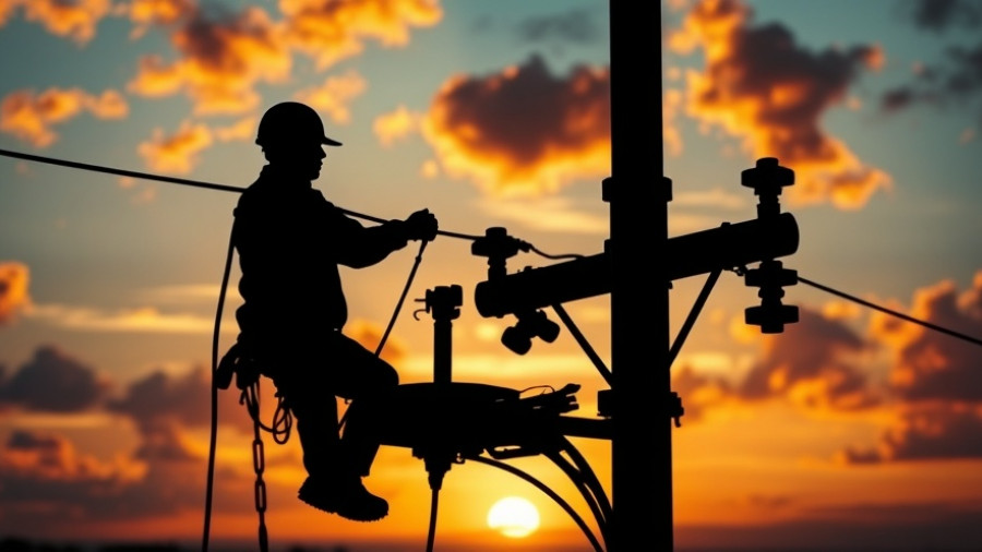 Technician working on power line tower at sunset, skilled labor shortages