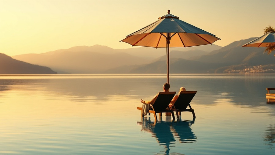 Off-season travel: peaceful lakeside pool with mountain view