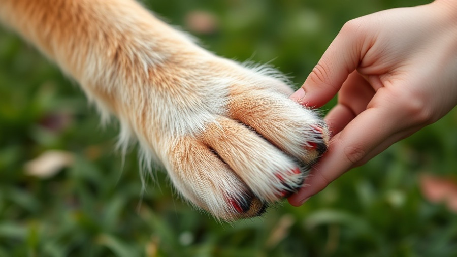 Interdigital furunculosis in dogs: paw in human hand on grass.