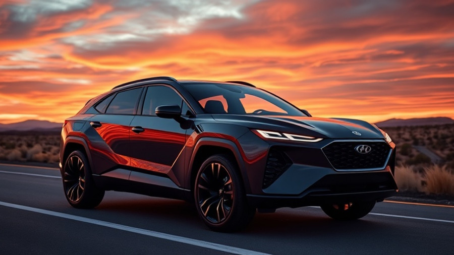 Futuristic SUV at sunset on a scenic road showcasing modern features and design.