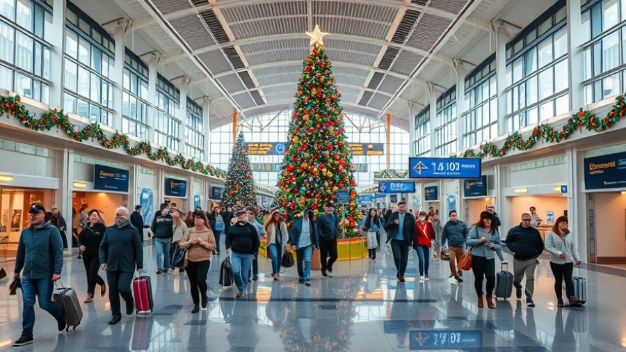 Holiday flight booking tips: festive airport terminal scene.