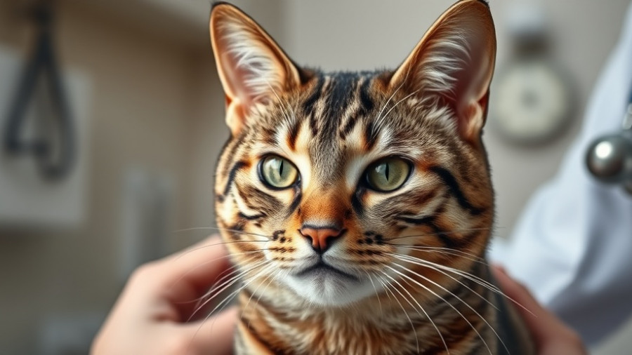 Tabby cat being examined for GERD signs in a veterinary clinic.