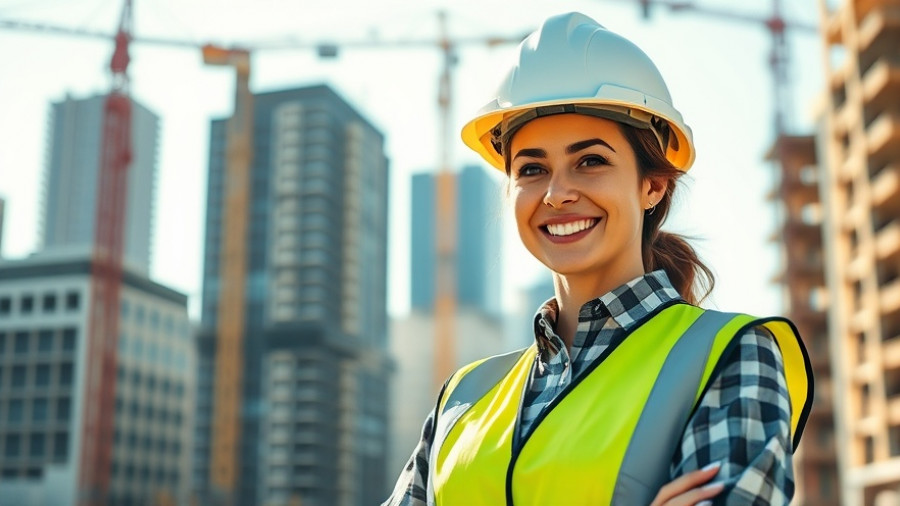 Confident woman in construction site with cranes and buildings, best-paying states for women in construction.