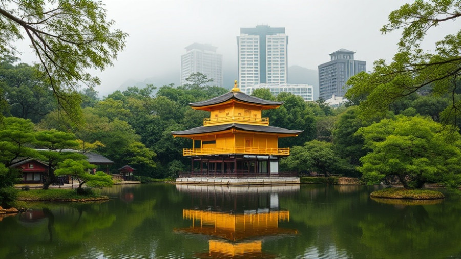 Golden pavilion in lush Hong Kong garden, representing financial wellness.