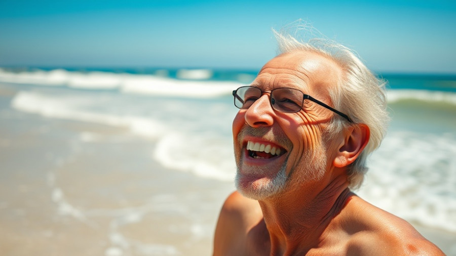 Older man finding happiness in retirement, smiling at the beach.