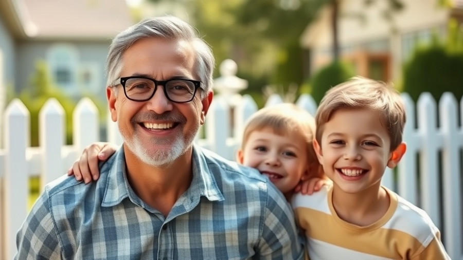 Father and two kids smiling in suburban USA real estate setting.