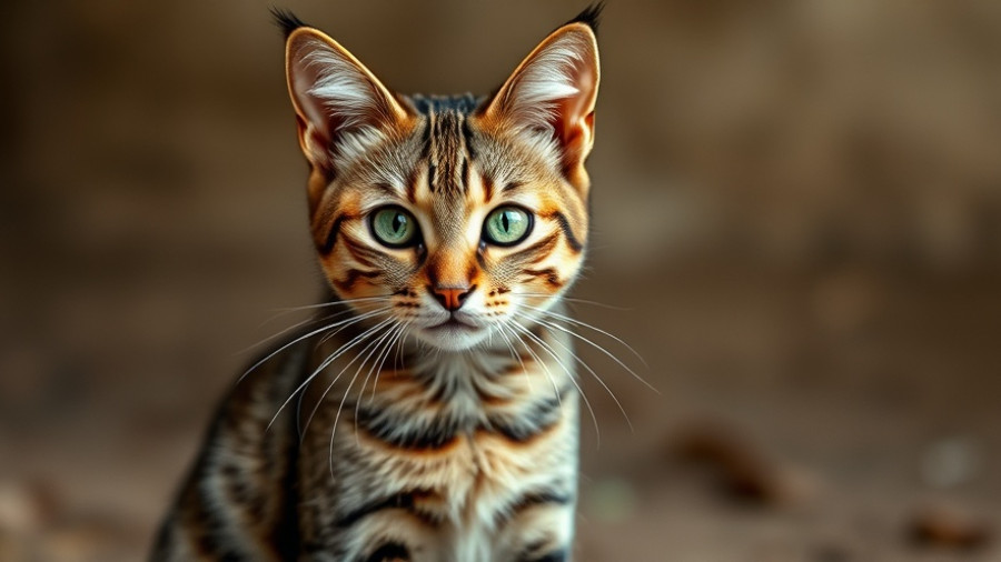 Intense green-eyed feral cat with direct gaze on muted background.