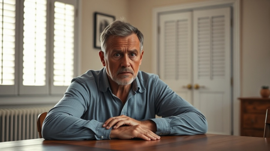 Home buyer's remorse expressed by a worried man at a table.