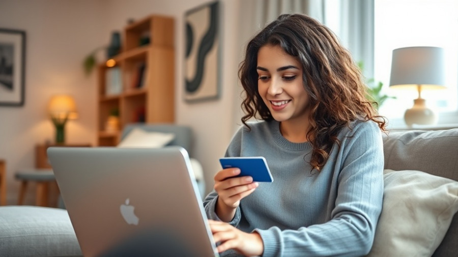 Young woman using laptop with credit card in a cozy apartment, soft light.