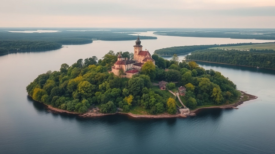 Aerial view of Venice's islands with lush greenery and a historic building.