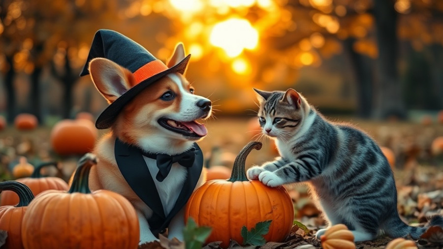 Pets enjoying pumpkin benefits in autumn park setting.