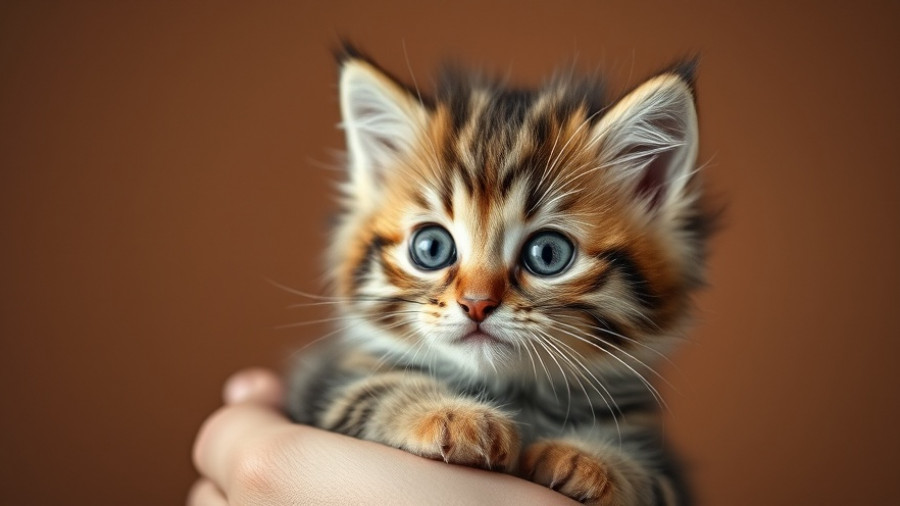 Adorable tabby kitten held gently, illustrating kitten overfeeding risks.