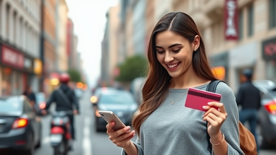 Young woman excitedly holding credit card on a city street.