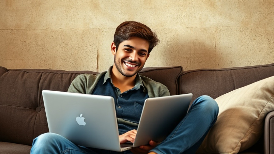 Smiling person using laptop at home with T-Mobile 5G Home Internet.