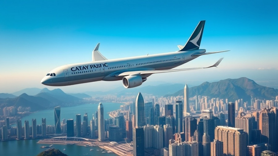 Cathay Pacific airplane flying over Hong Kong skyline and mountains.
