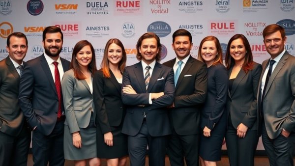 Business professionals smiling at event, Mark Cuban startup advice setting.