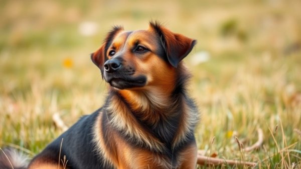 Alert brown and black dog scratching ear, indicating attention to dogs gut health, in grassy field.