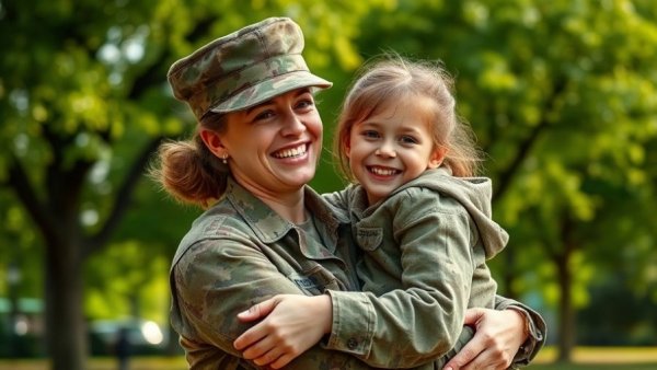 Female soldier in uniform hugging her daughter, VA loans.
