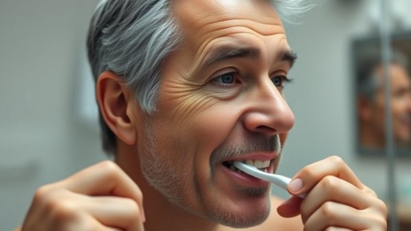 Middle-aged man brushing teeth in bathroom, related to dental health and stroke risk.