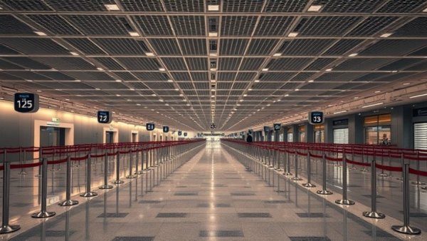 Empty airport security area highlighting flight cancellations.