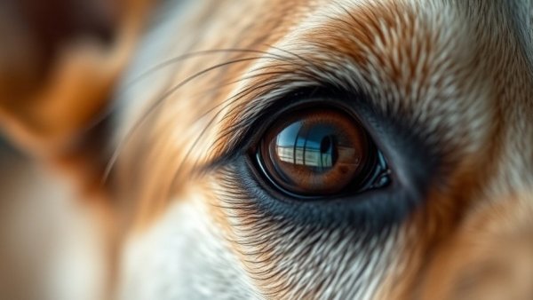 Close-up of a dog's eye reflecting serene environment, caring for blind pets