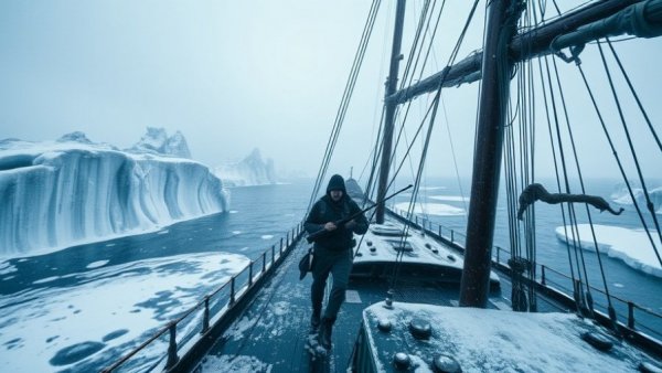 Frankenstein filming location with icy ship and arctic landscape.