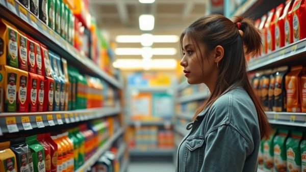 Woman choosing coffee at grocery store, evaluating options.