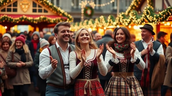 Traditional dancers at bustling Christmas markets in the US, lively scene.