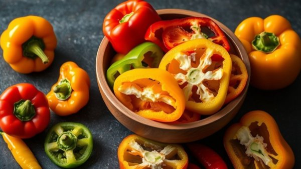 Vibrant sliced bell peppers for pets in wooden bowl, colorful display.