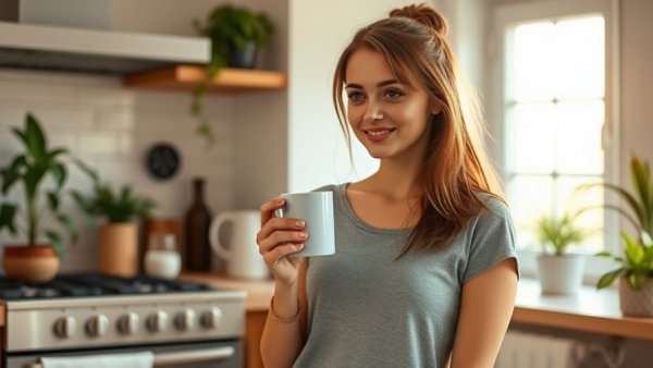 Young woman in cozy kitchen with gas stove and morning light.